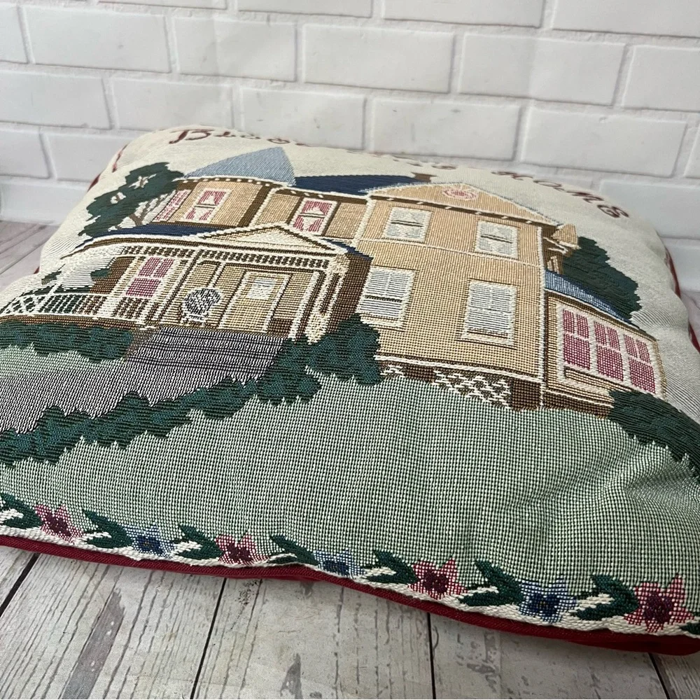 Cottage Core Tapestry Bless This Home Accent Throw Pillow Victorian House VTG